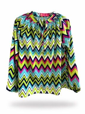 Macbeth Collection Margaret Josephs Vibrant Chevron Blouse Smocked Neck Size S